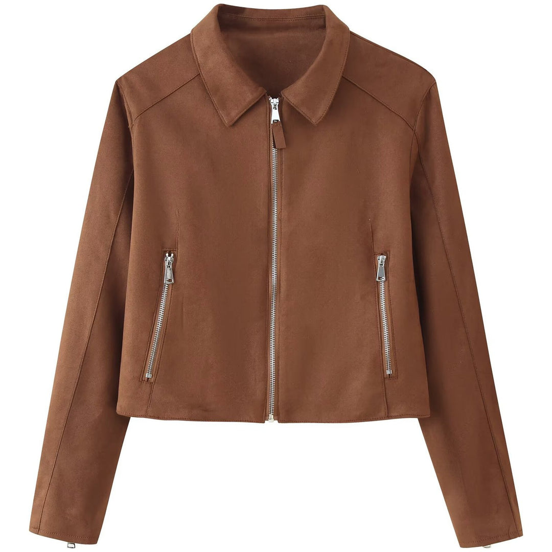 Women's Short Velour Look Jacket with Central Zip and Shirt Collar Mune Fashion