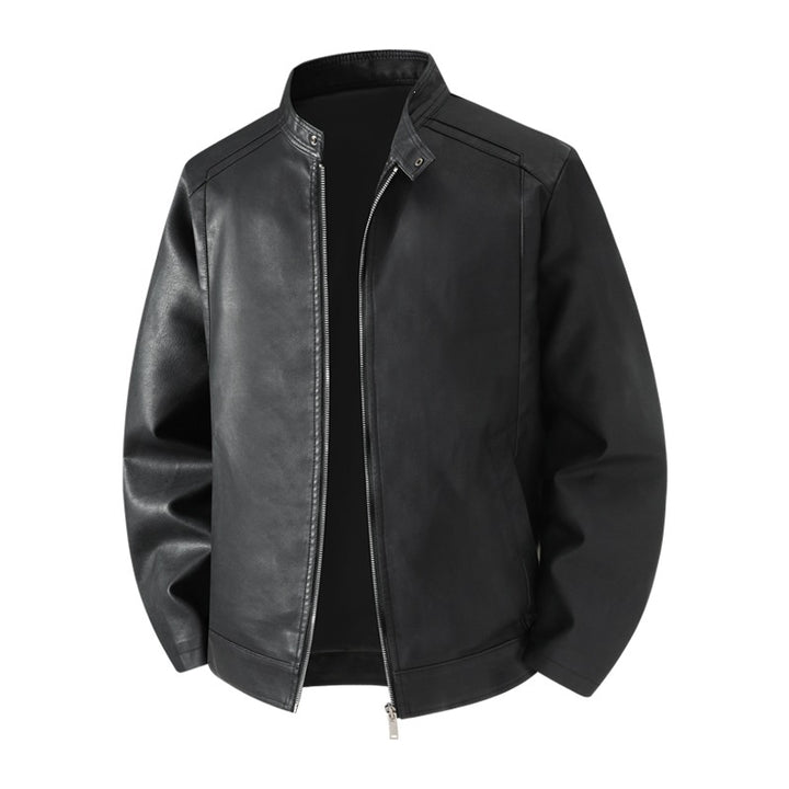 Men's Simple Faux Leather City Jacket with Stand Collar, Two-Way Zipper & Side Pockets Mune Fashion