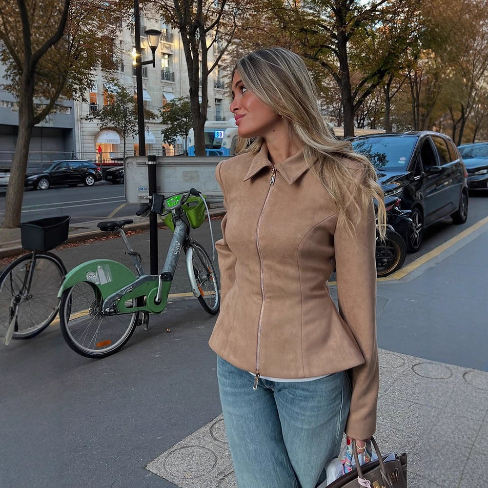 Women's Tailored Suede Look Jacket with Two-Way Zipper Mune Fashion