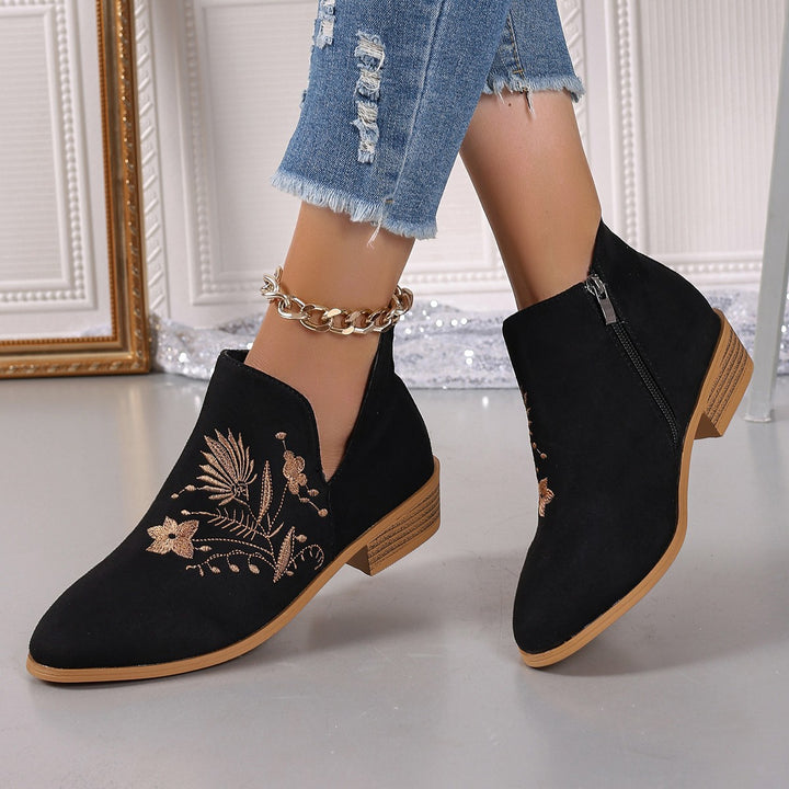 Women Embroidered Ankle Boots with V-Cut and Side Zipper Mune Fashion