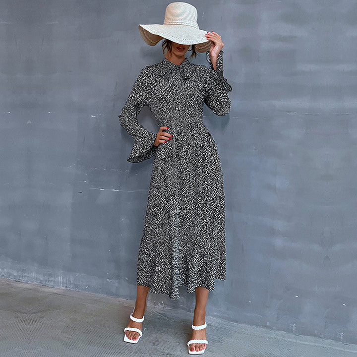 Women's midi dress with stand collar and tie bow, long sleeve A-line with fine polka dot pattern Mune Fashion