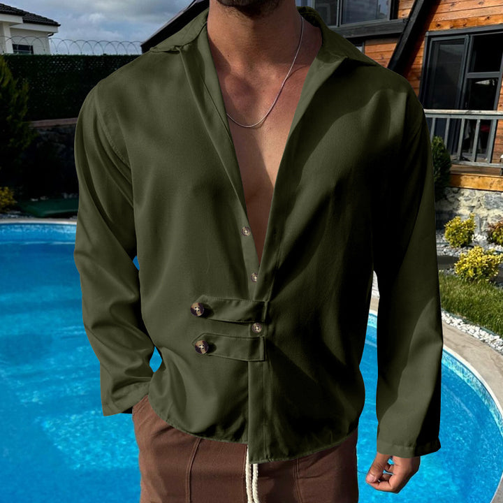 Men's modern long-sleeved shirt with deep neckline and asymmetrical strap look Mune Fashion