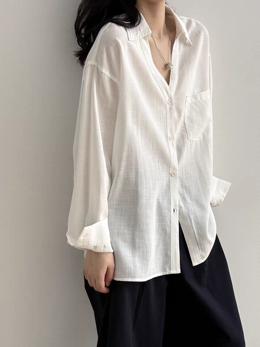Ladies Casual Linen Look Long Shirt with Oversize Cut and Breast Pocket Mune Fashion