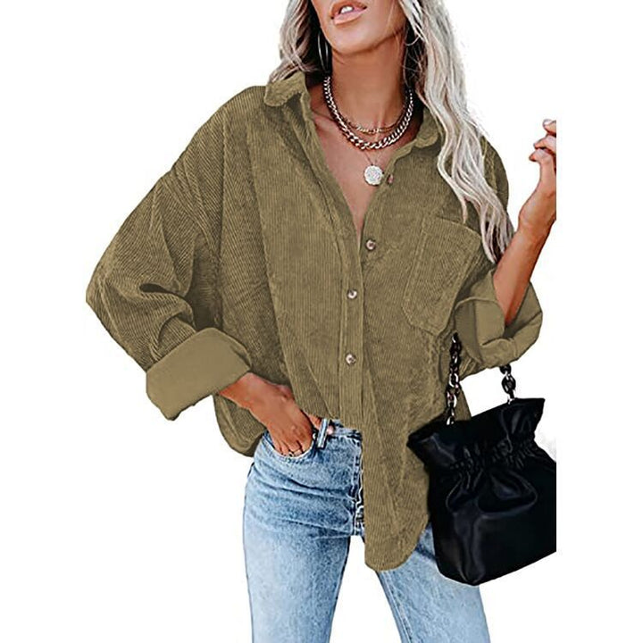 Women's Oversized Cord Shirt Jacket with Breast Pocket and Continuous Button Placket Mune Fashion