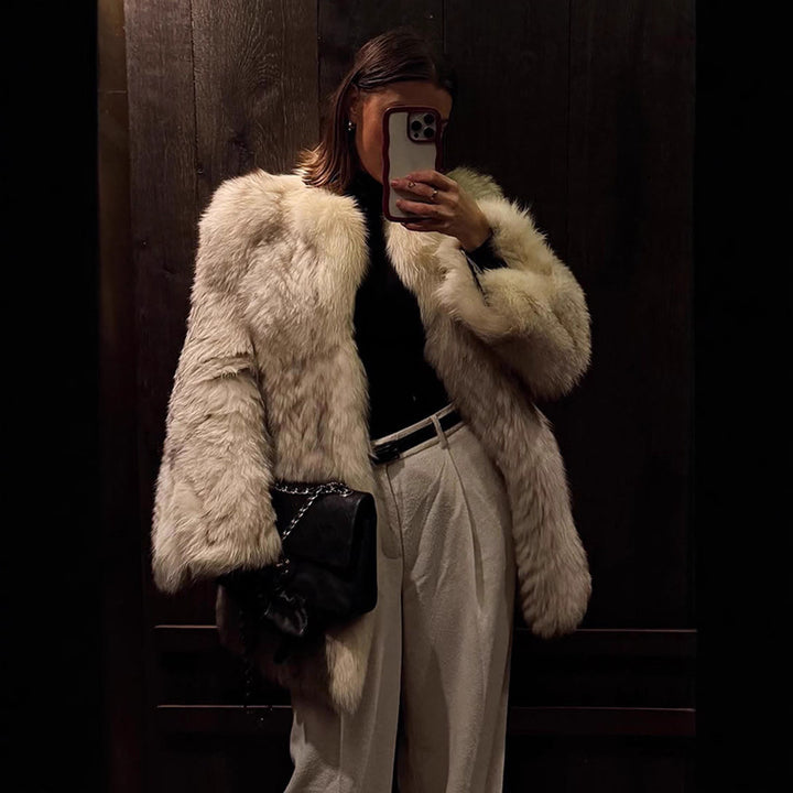 Women's Boxy Faux Fur Jacket with Textured Shag Look and Voluminous Shawl Collar Mune Fashion