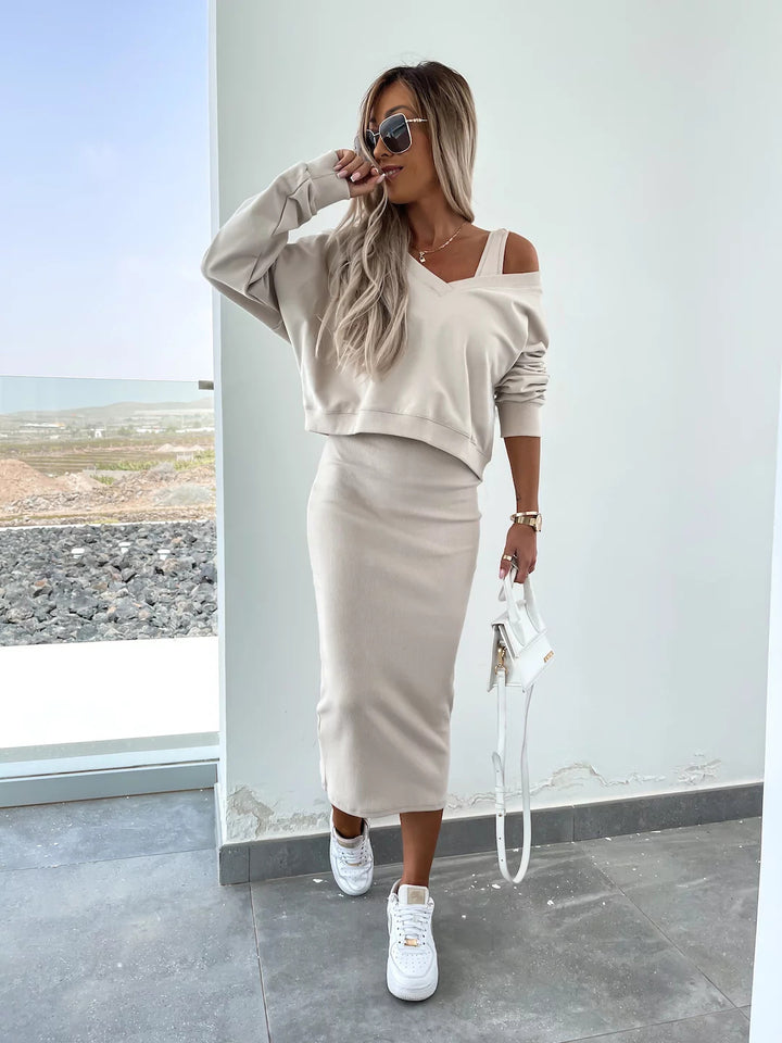 Ladies two-piece midi skirt set with off-shoulder oversized sweatshirt and figure-hugging pencil skirt Mune Fashion