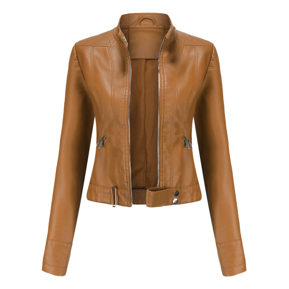 Women's short fitted faux leather jacket in racer style with stand-up collar and zip pockets Mune Fashion