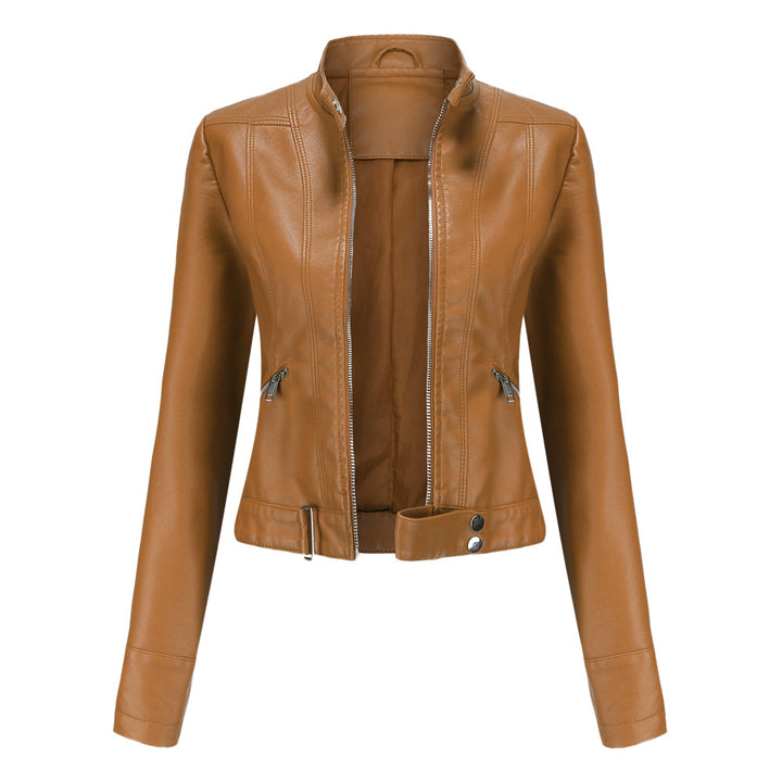 Women's short fitted faux leather jacket in racer style with stand-up collar and zip pockets Mune Fashion