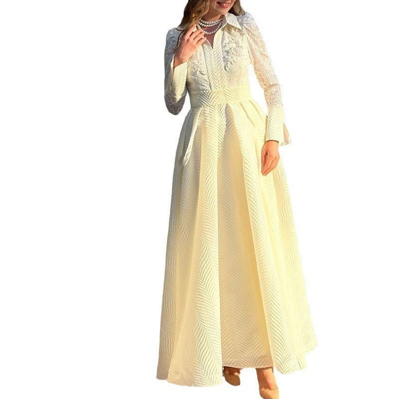 Women Elegant Maxi Dress with Lace Sleeves and Waist Belt Mune