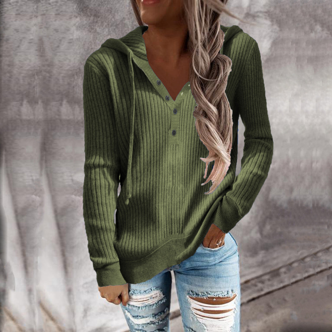 Women's Casual Ribbed Hoodie Sweater with Henley Button Placket and Drawstring Hood