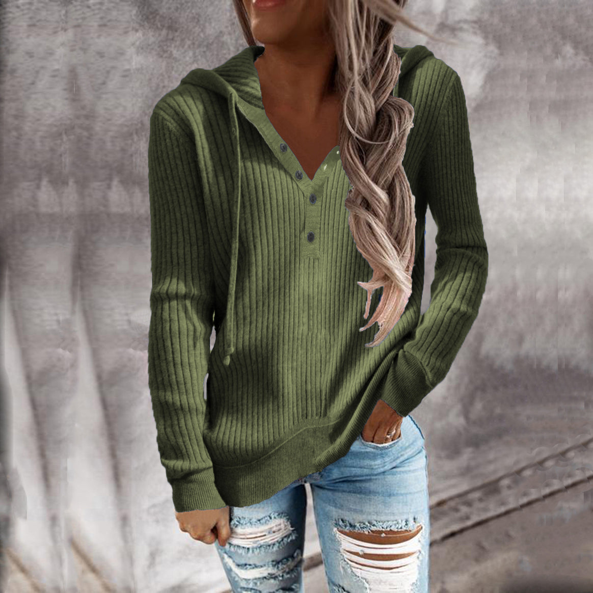 Women's Casual Ribbed Hoodie Sweater with Henley Button Placket and Drawstring Hood