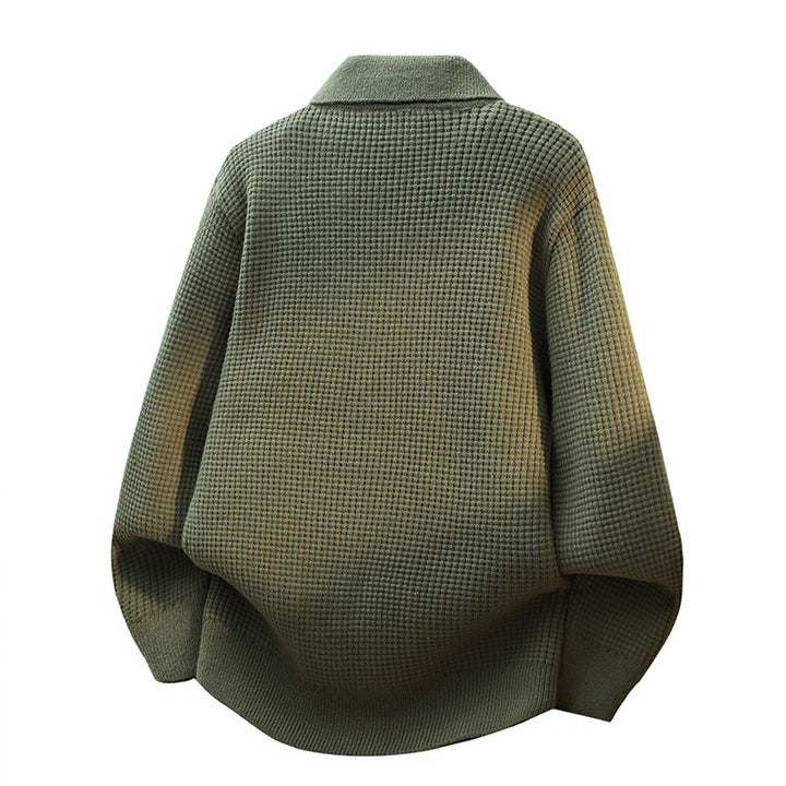 Men's Coarsely Structured Shirt Jacket - Knit Cardigan with Waffle Texture, Shirt Collar & Patch Pockets Mune Fashion