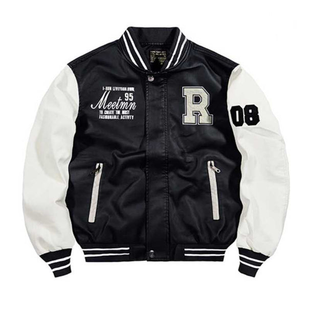 Men's College Varsity Bomber Jacket with Contrasting Sleeves, Letter Patch and Ribbed Cuffs Mune Fashion