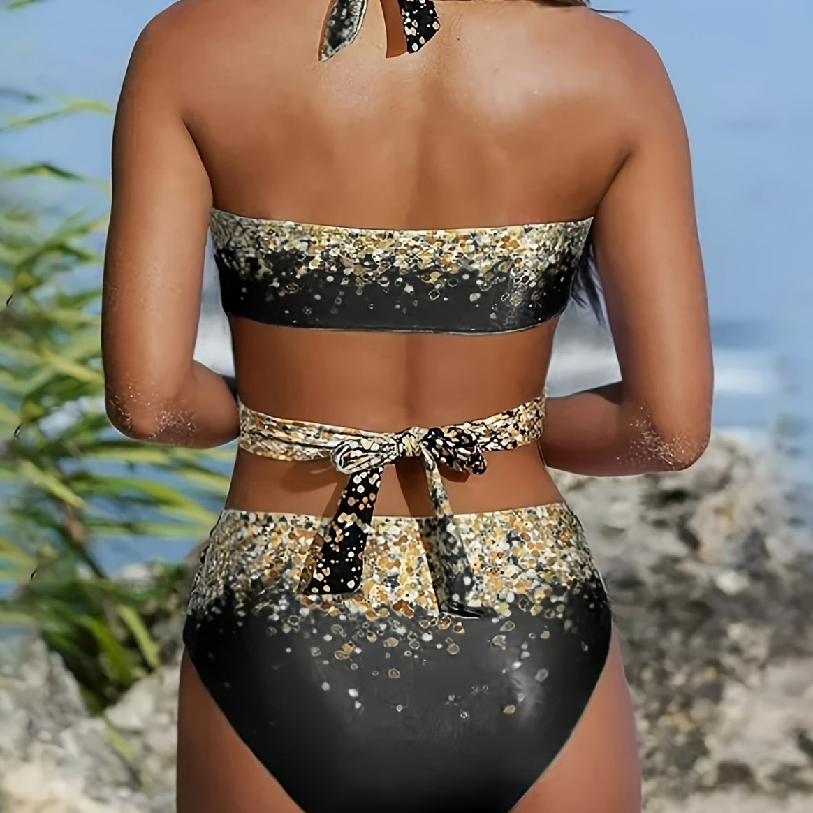 Women's High-Waisted Bikini Set with Playful Knot and Shimmering Accents Mune Fashion