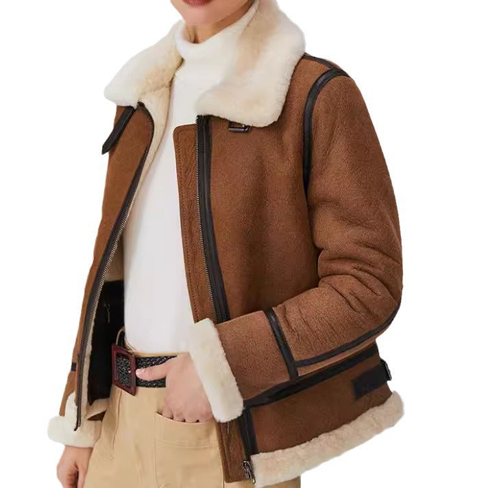 Women Short Cut Aviator Sheepskin Imitation Jacket with Teddy Lining and Faux Leather Trim Mune Fashion