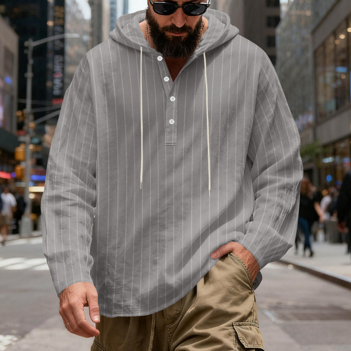 Men's Lightweight Hoodie Henley Shirt with Fine Pinstripes Mune Fashion
