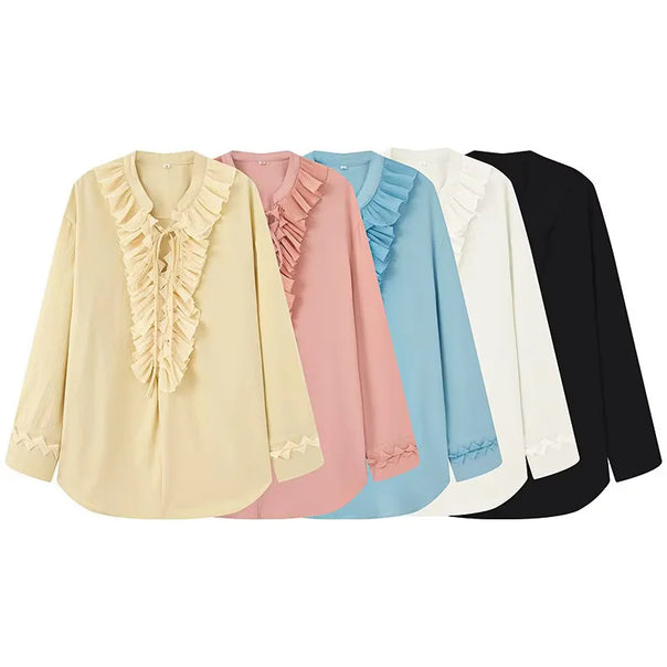 Women's ruffled blouse with neck tie, pleated ruffles in front and relaxed longline silhouette Mune Fashion