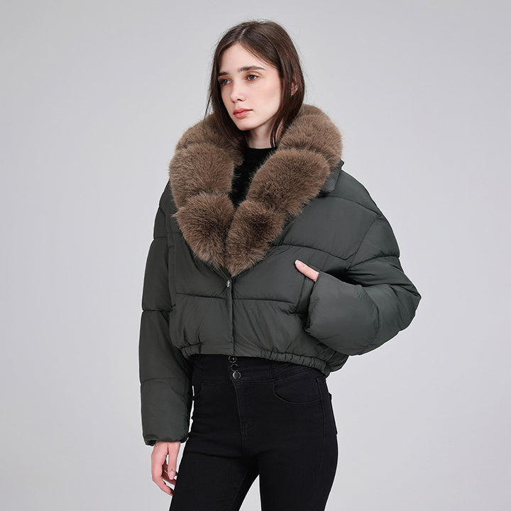 Women's cropped isolation jacket with voluminous faux fur shawl collar and elastic hem Mune Fashion