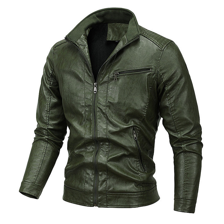 Men's Slim-Fit Faux Leather Blouson with Quilted Shoulder Section and Stand Collar Mune Fashion