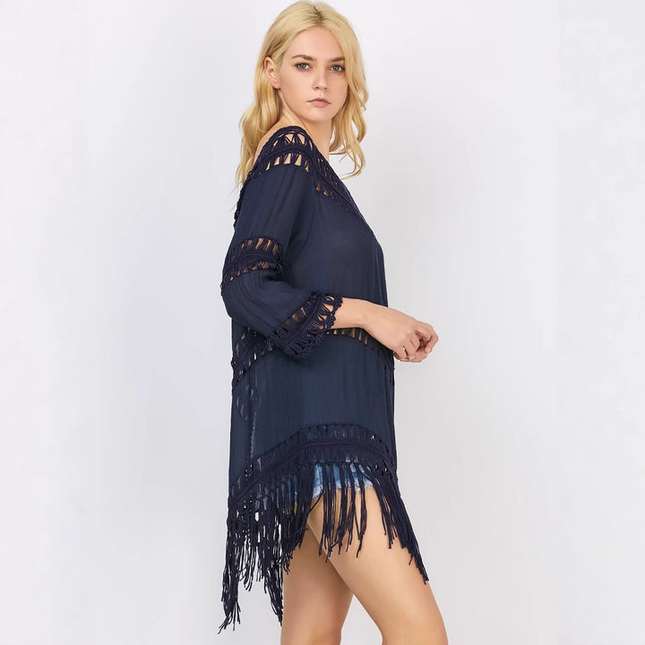 Ladies crocheted beach cover-up with fringes Mune Fashion 1779787756