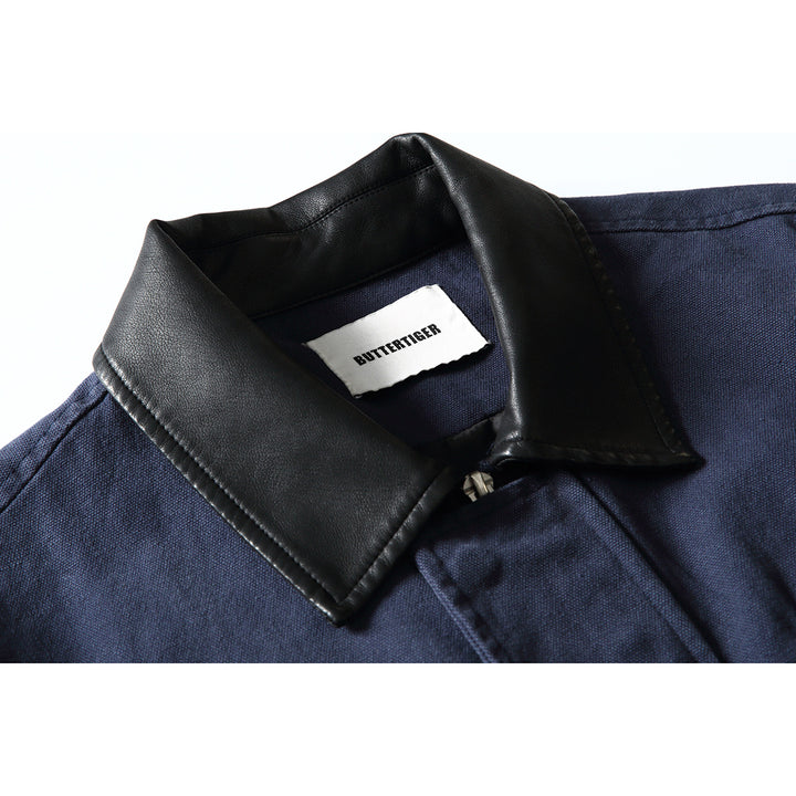Men's Boxy Canvas Blouson with contrasting faux leather collar and elastic hem Mune Fashion
