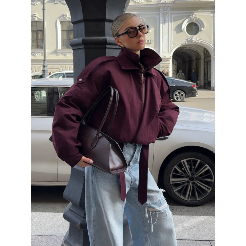 Women's short oversized bomber jacket with high stand-up collar, drawstring and shoulder flaps Mune Fashion