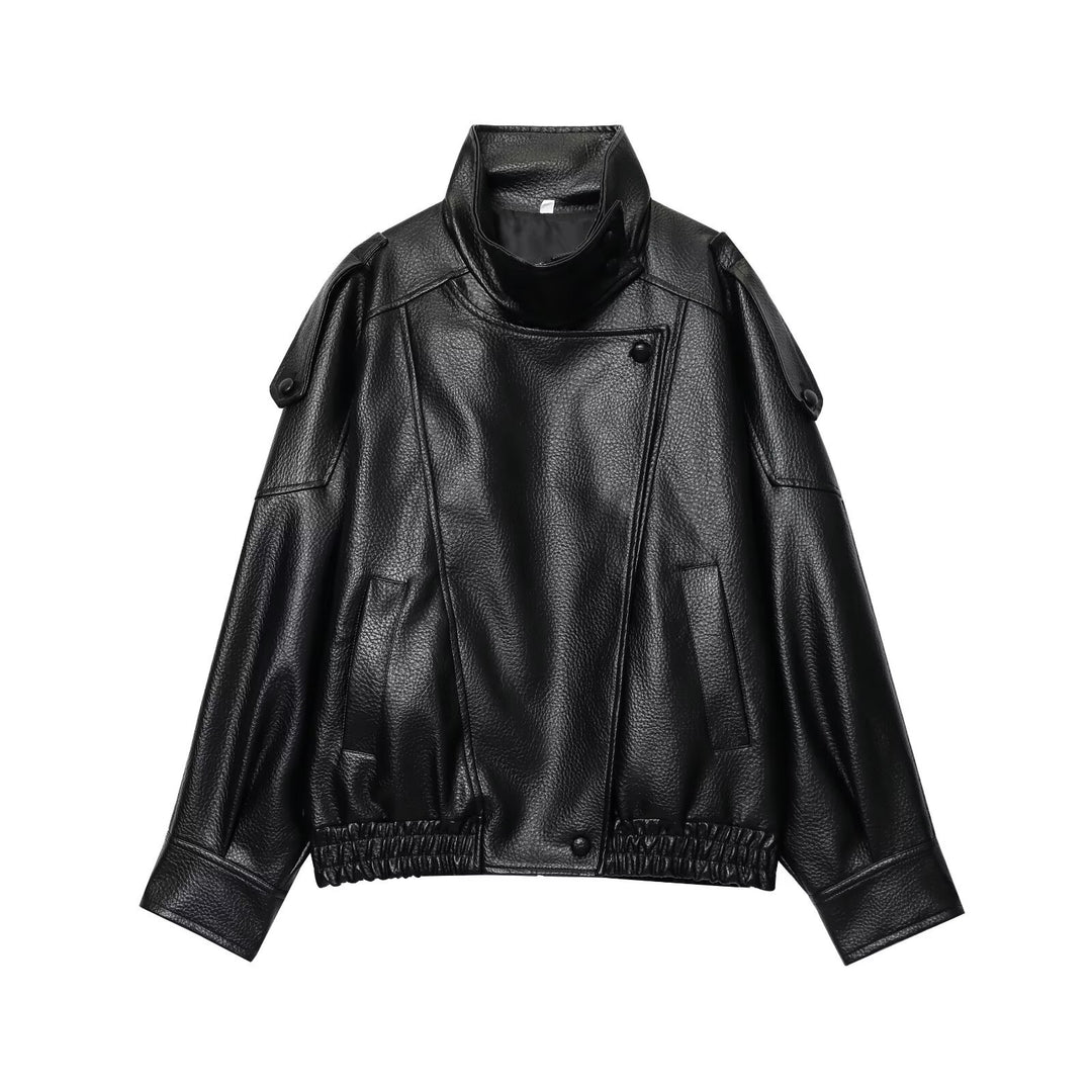 Women's faux leather bomber jacket with high stand collar, asymmetrical snap placket, and elastic hem Mune Fashion