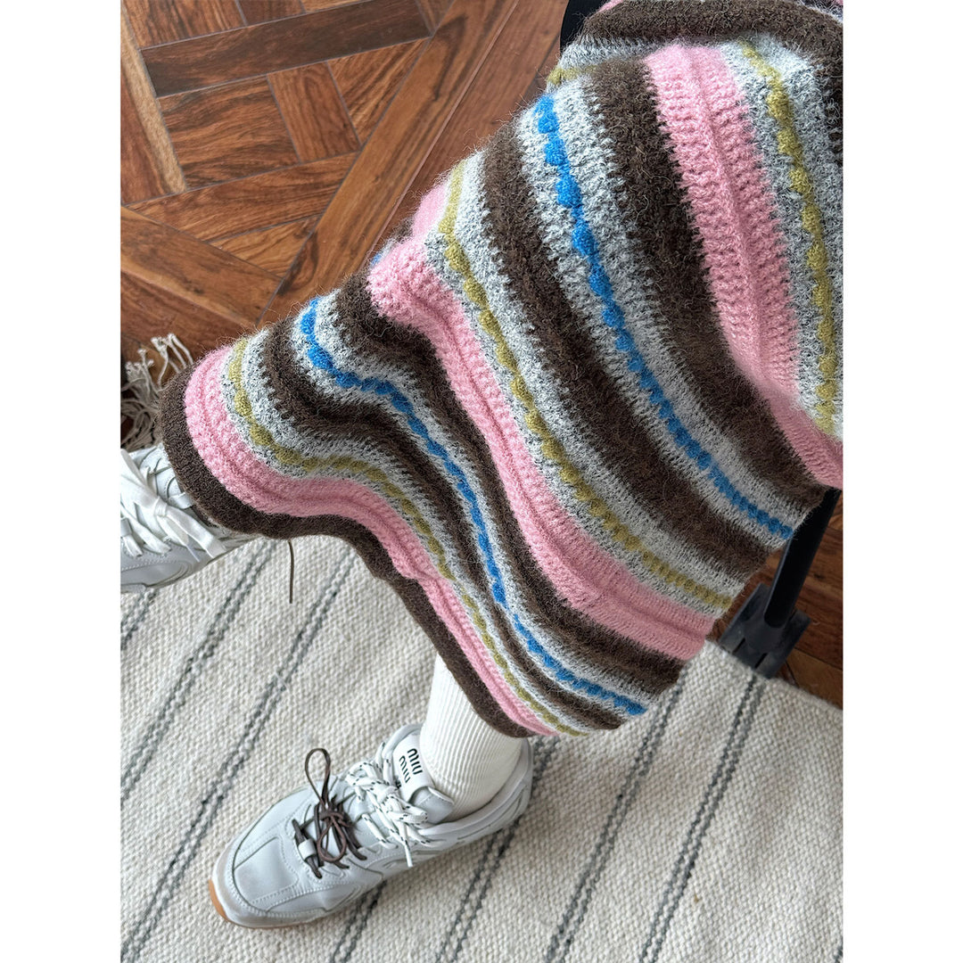 Women Striped Maxi Knit Skirt with High Waist and Fine Rib Structure Mune Fashion