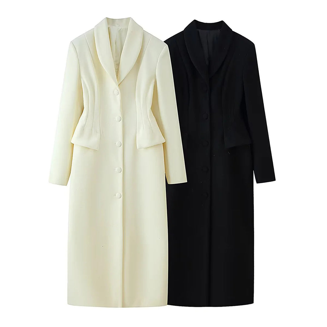 Women's fitted coat with shawl collar and peplum detail Mune Fashion