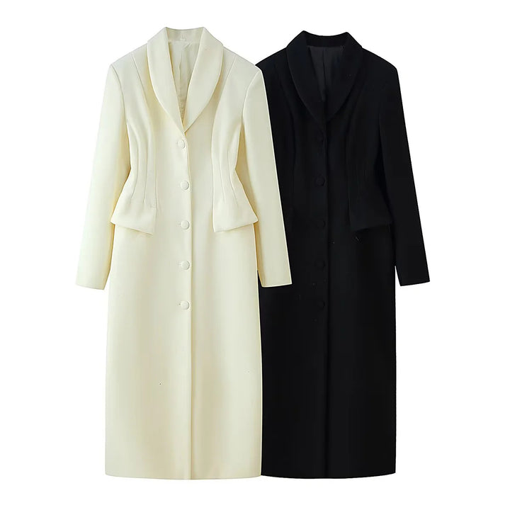 Women's fitted coat with shawl collar and peplum detail Mune Fashion