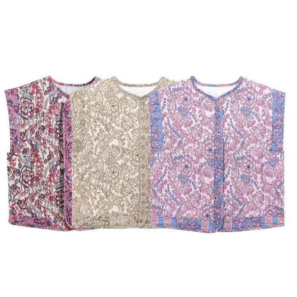 Women's Quilted Vest with Floral Design and Practical Pockets Mune Fashion