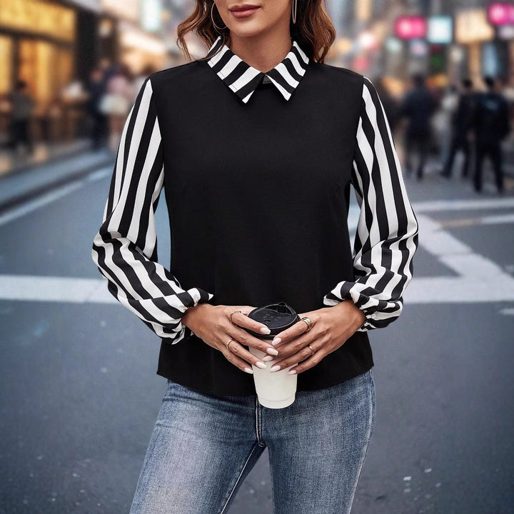 Women's blouse top with contrasting shirt collar and striped chiffon sleeves Mune Fashion