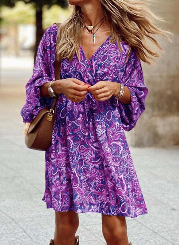 Women's Boho Mini Dress with Paisley Print, V Neck, Tied Belt and Balloon Sleeves Mune Fashion