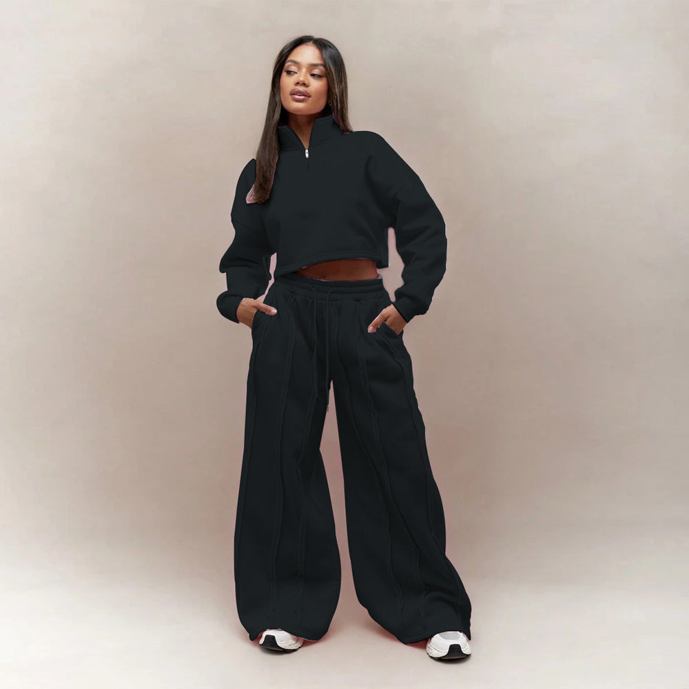 Women Crop-Half-Zip Sweatshirt and High-Waist Wide-Leg Lounge Pants Set with Visible Stitching Details Mune Fashion