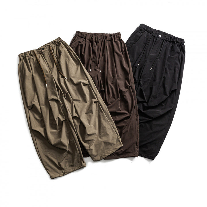 Men's Wide Cropped Harem Pants with Pleat Look, Elastic Waistband and Drawstring Mune Fashion