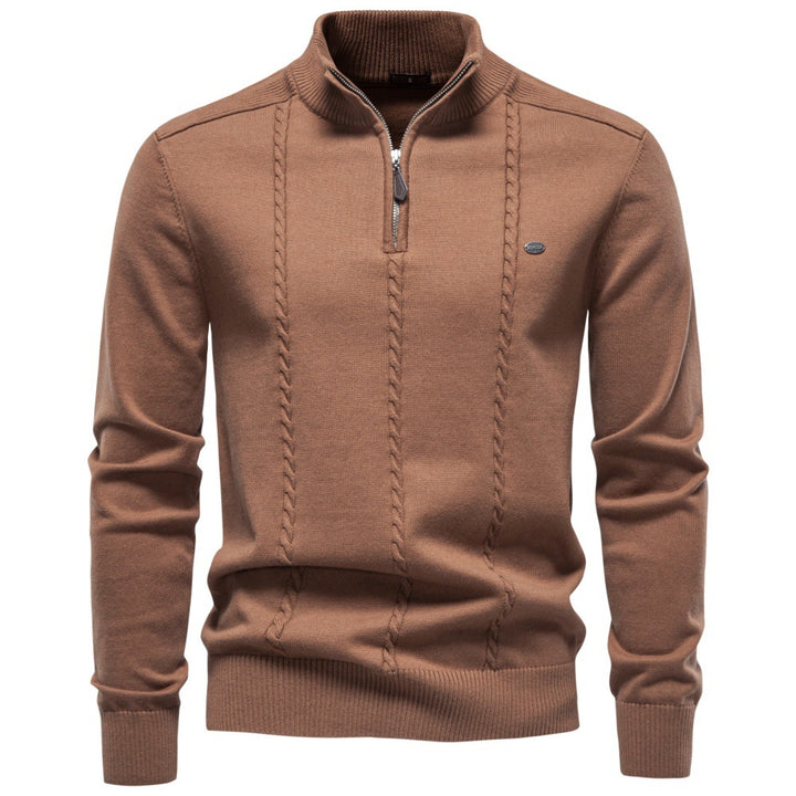 Men's fine knit pullover with half zipper and vertical cable pattern Mune Fashion