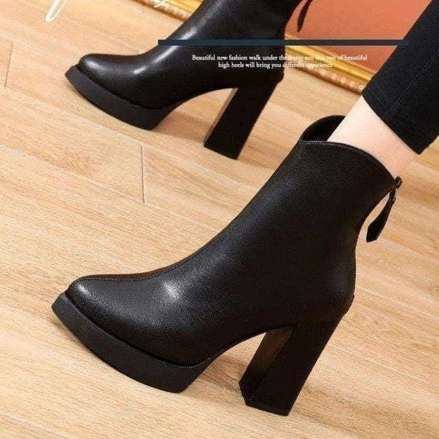 Women's Elegant High Heel Ankle Boots with High Block Heel Mune Fashion