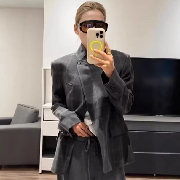 Women's tailored check blazer coat with stand-up collar, asymmetrical button placket and flap pockets Mune Fashion