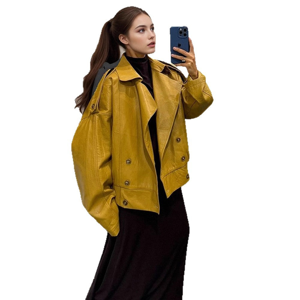 Women Oversize Leather Jacket with Voluminous Balloon Sleeves and Short Boxy Silhouette Mune Fashion