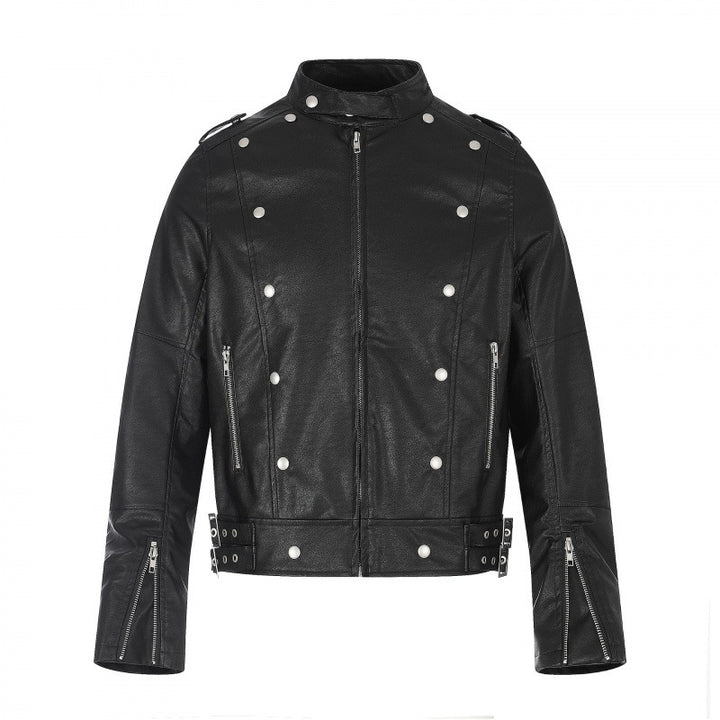 Unisex Short Cut Studded Leather Jacket in Biker Style with Stand-Up Collar, Zipper Sleeves and Waist Strap Mune Fashion