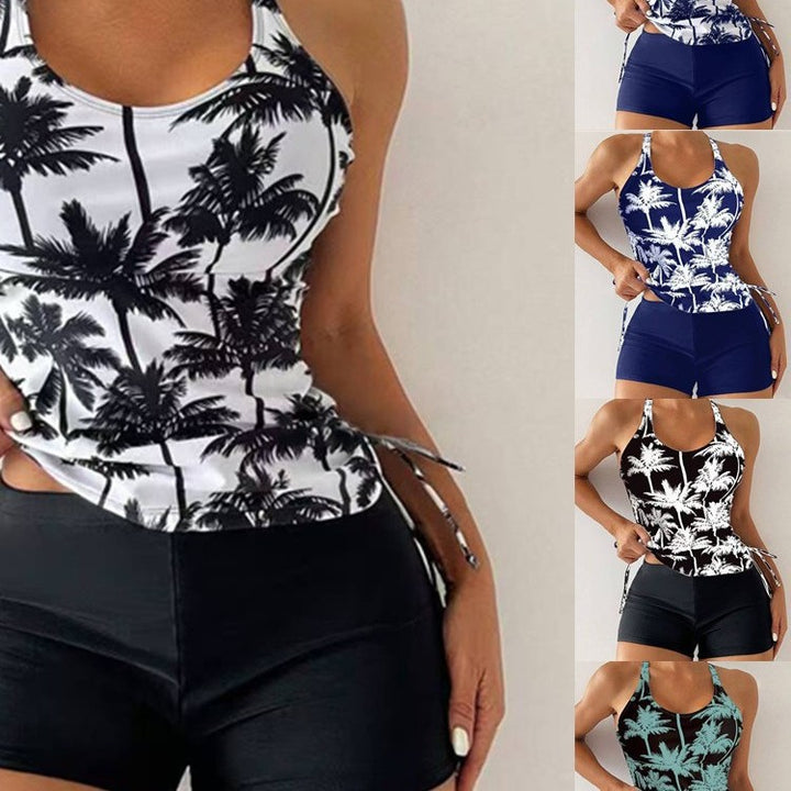 Ladies Sporty Tankini Set with Fashionable Palm Print and High Waist Mune Fashion