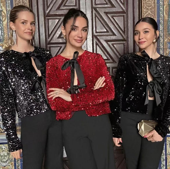 Women Sequin Bolero Jacket with Decorative Satin Bows Mune Fashion