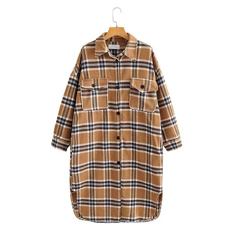 Women's Oversize Check Shirt Jacket in Longline Cut with Patch Chest Pockets Mune Fashion