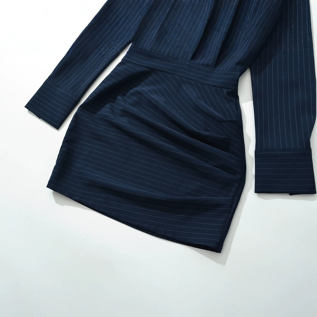 Women Tailored Midi Dress with Shirt Blouse Top and Pinstripe Design Mune Fashion