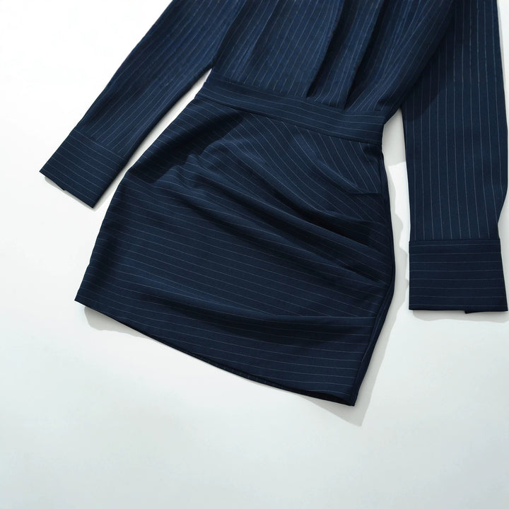 Women Tailored Midi Dress with Shirt Blouse Top and Pinstripe Design Mune Fashion