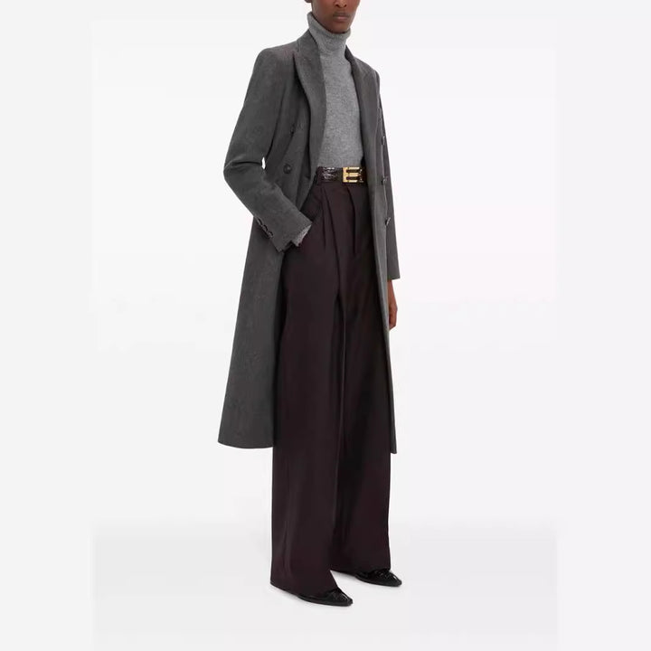 Women's double-breasted long coat in tailoring look with slim silhouette and distinctive shoulder Mune Fashion