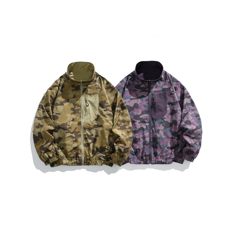 Unisex Lightweight Camo Windbreaker with High Stand Collar, Chest Zip and Elastic Hem Mune Fashion