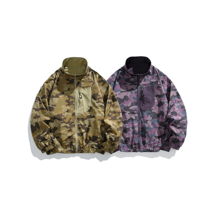 Unisex Lightweight Camo Windbreaker with High Stand Collar, Chest Zip and Elastic Hem Mune Fashion
