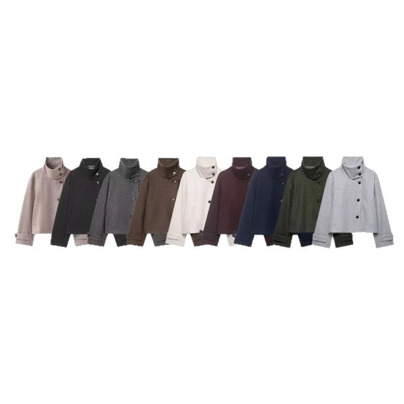 Women's Cropped Wool Blend Short Jacket with High Stand Collar, Asymmetric Button Placket and Cuffed Sleeves Mune Fashion