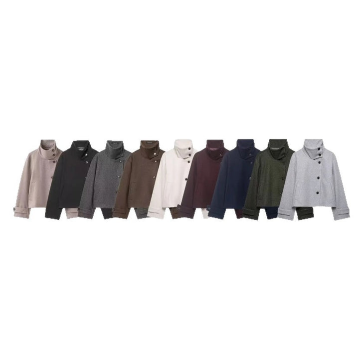 Women's Cropped Wool Blend Short Jacket with High Stand Collar, Asymmetric Button Placket and Cuffed Sleeves Mune Fashion
